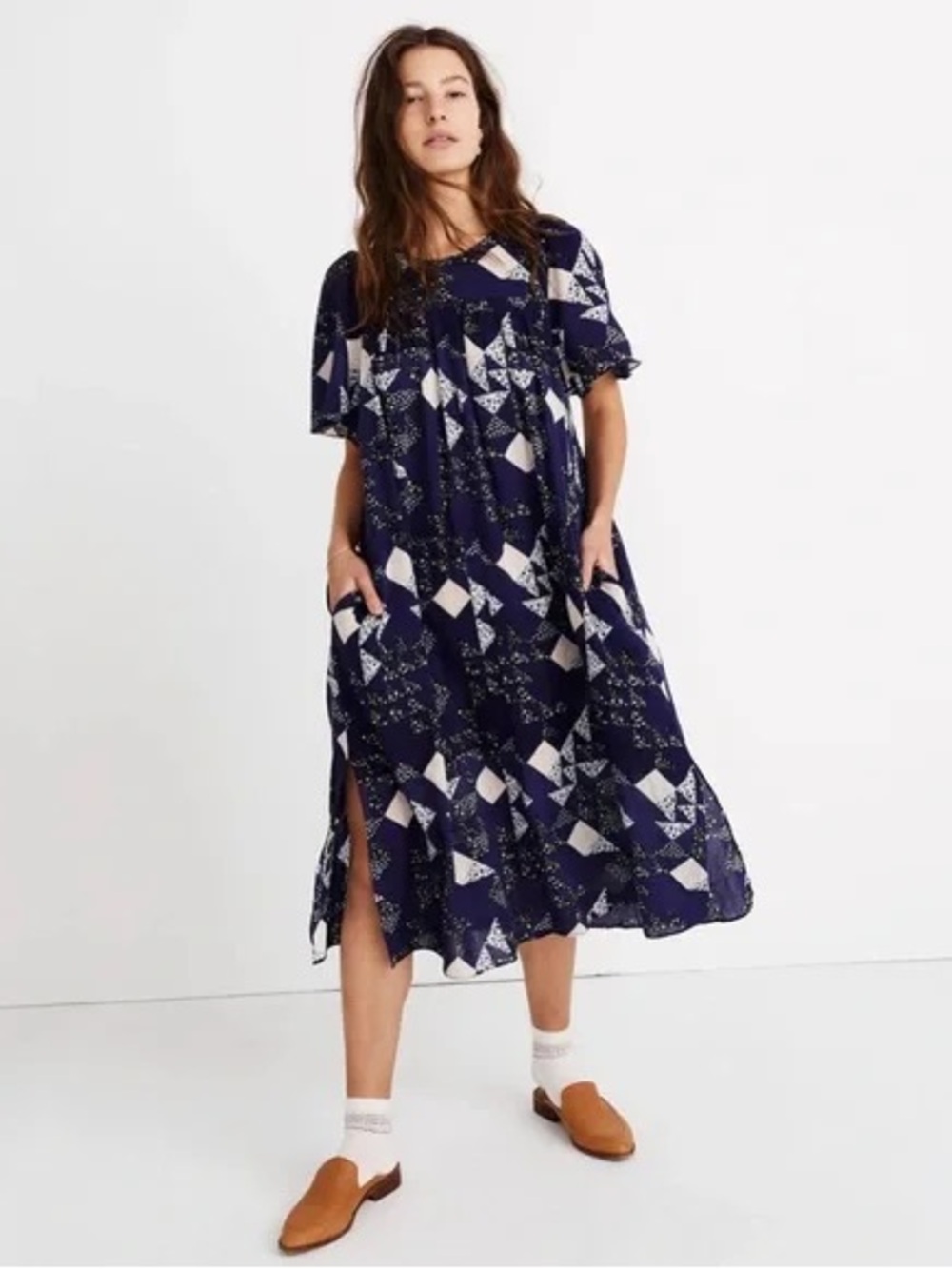 Madewell Navy and Cream Patchwork-Print Midi Dress with Side Slits